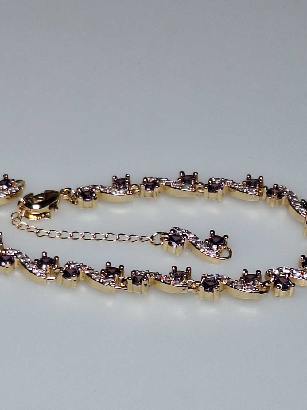 Gold Tone Women's Adjustable Tennis Anklet with Clear And Purple Crystals